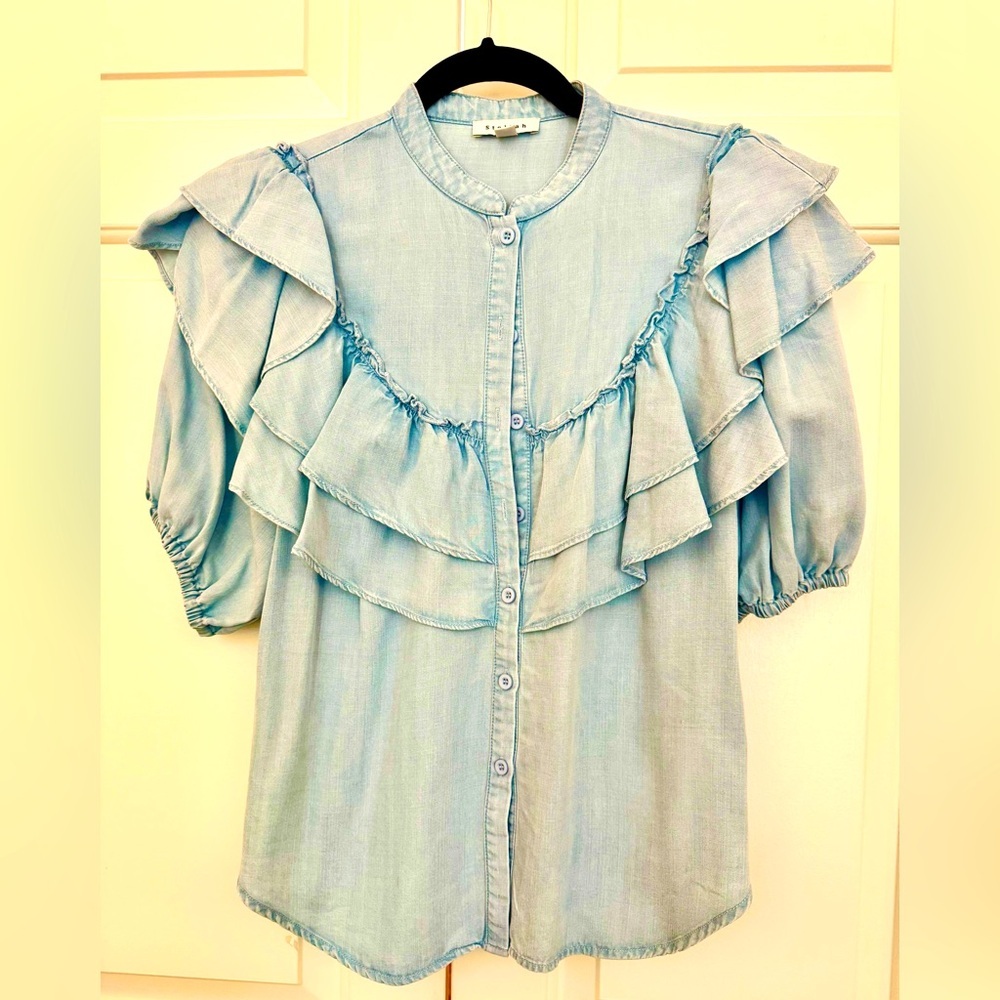 Stellah Sz M Chambray Blue Ruffle Blouse - Picture 3 of 5